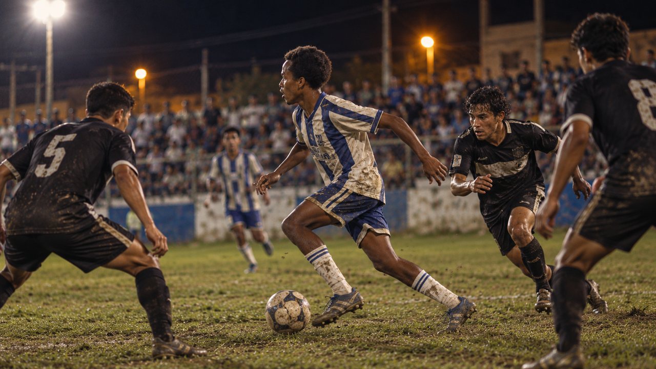 Jugador conduciendo el balón en un partido nocturno